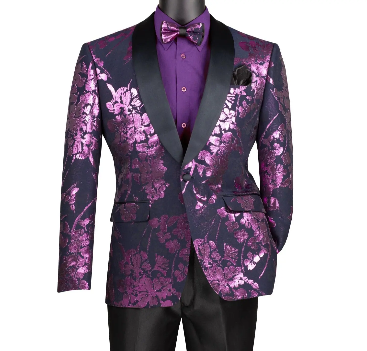 Men’s Floral Jacquard Slim Fit Blazer with Bow Tie - Lavender
