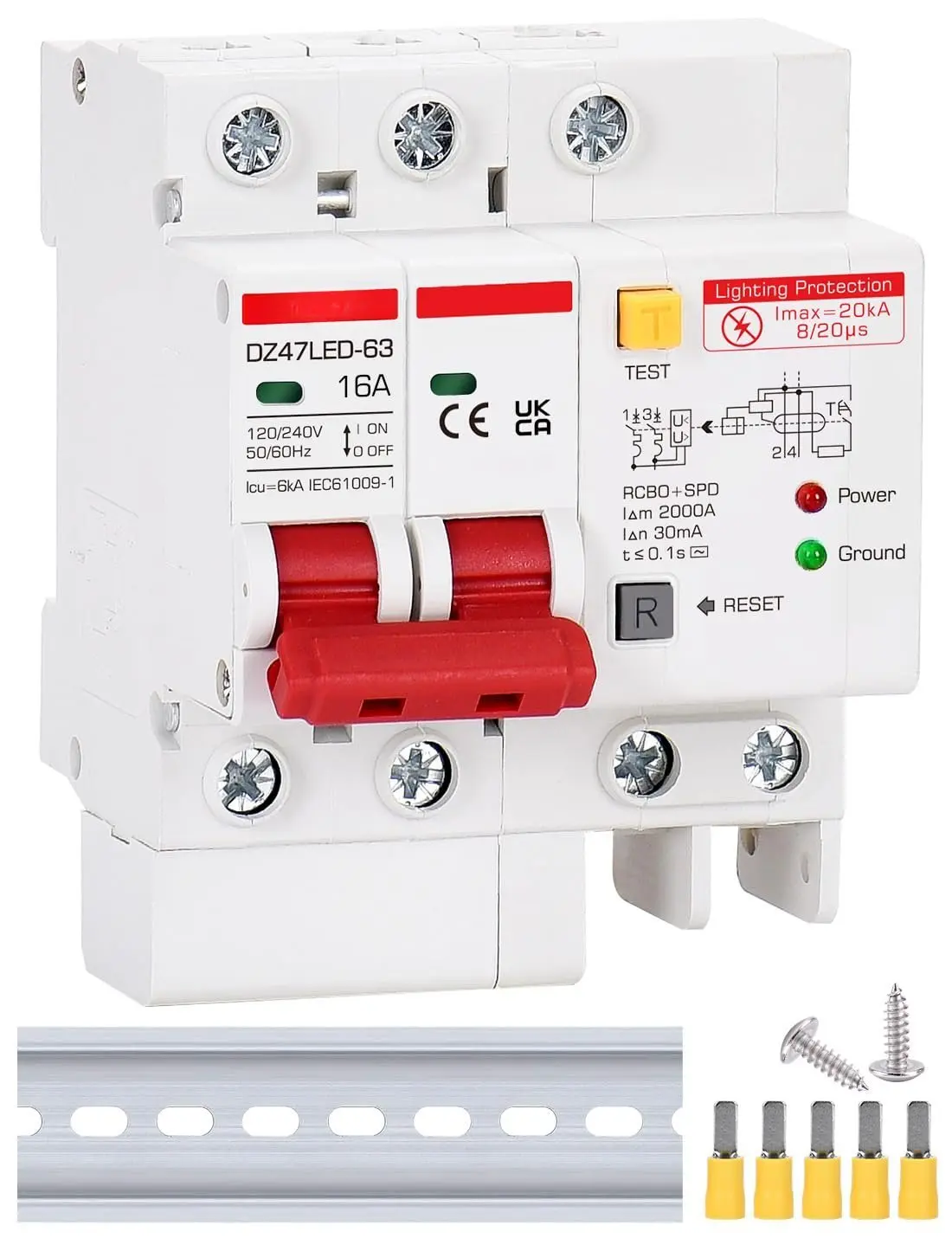 Ground Fault Circuit Breaker with  Surge Arrester Protection, 16 Amp 2 Poles AC 120V-240V, DIN Rail Mount Residual Current Circuit Breaker 16A