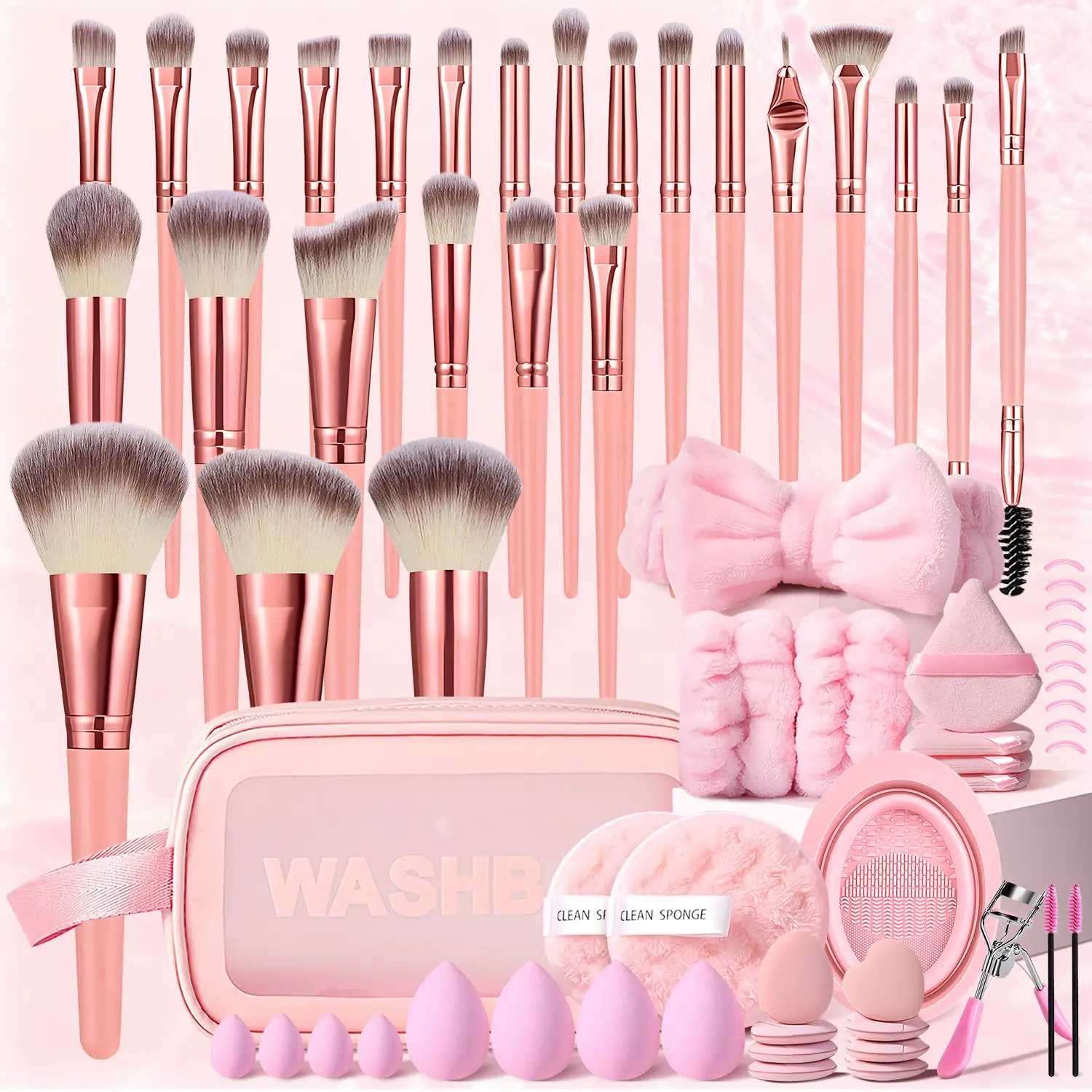 The Complete 65-Piece Pink Makeup Collection, Professional 25-Brush Set, Washbag, Headband & Wristbands, Essential Eye Tools, All Sponge & Puff Types, and Cleaning Tools, Pink Cosmetic Tools Kit for a Flawless Finish