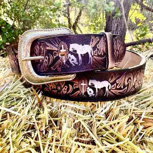 Cowboy Leather Belt Praying Cowboy Genuine Leather Belt With Removable Buckle 1.5” width