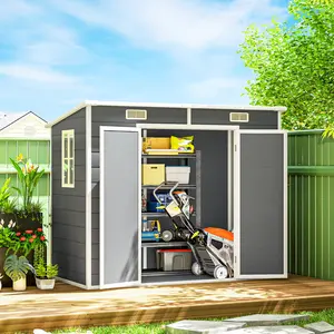 8' x 4' Gray Plastic Outdoor Storage Shed with Floor Window Lockable Doors Vents for Backyard Patio Lawn Spacious Interior Resin Construction UV Resistant