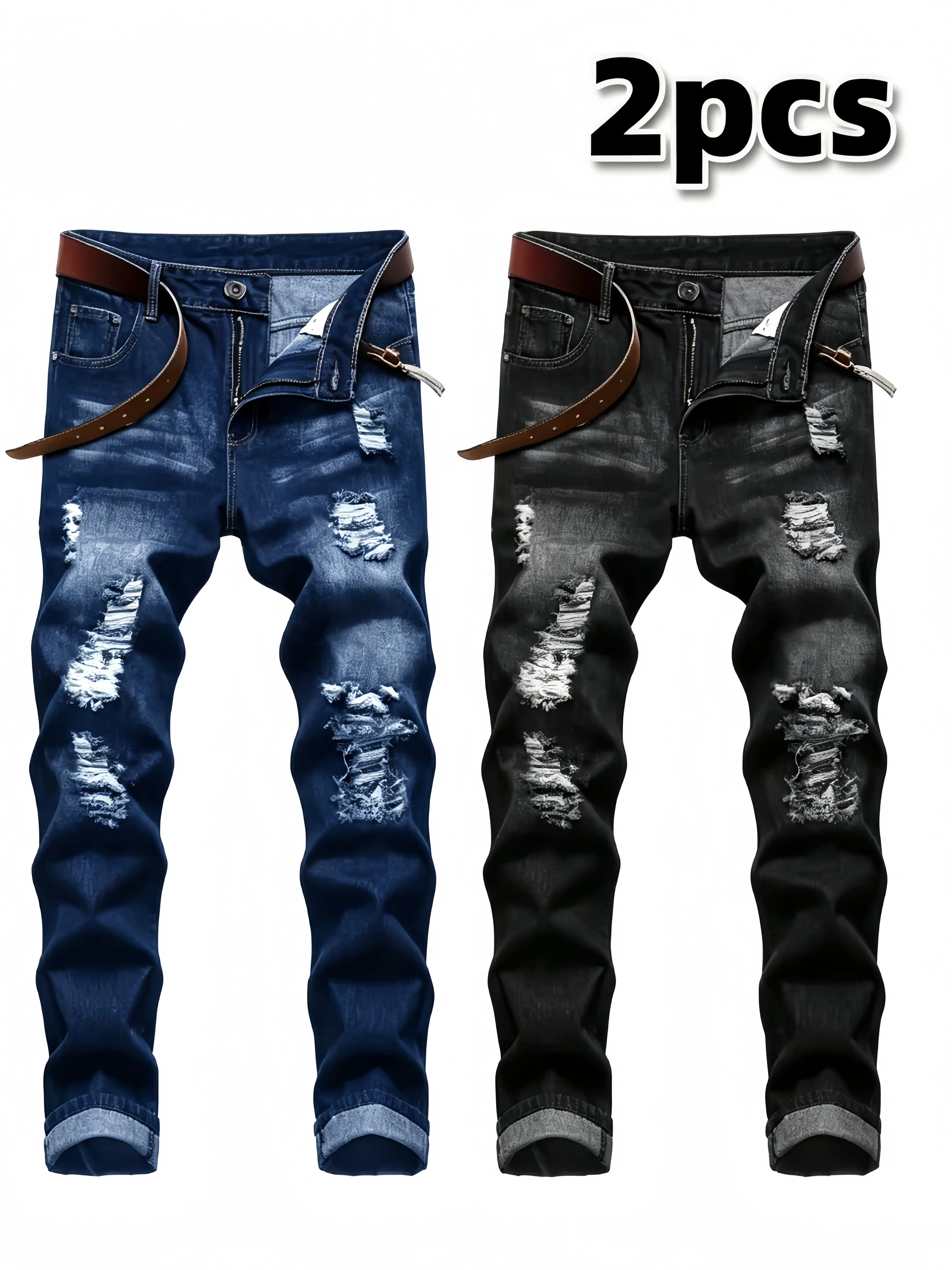 2pcs Men's Slim Fit Distressed Ripped Jeans | Classic Stretch Denim Pants, Trendy Casual Versatile Outfits jean pants Grunge Style Slim Fit Straight Leg Denim Pants with Ripped And Distressed Details Men's -style Distressed Skinny Jeans with Stretchsinian