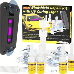 Windshield Repair Kit, Windshield Crack Repair Kit, Efficient Glass Chip Repair Kit with Suction Cup UV Curing Light, 4 Bottles Fluid Glass Repair Liquid for Chips, Cracks, Star-Shaped Crack, Bulls-Eye