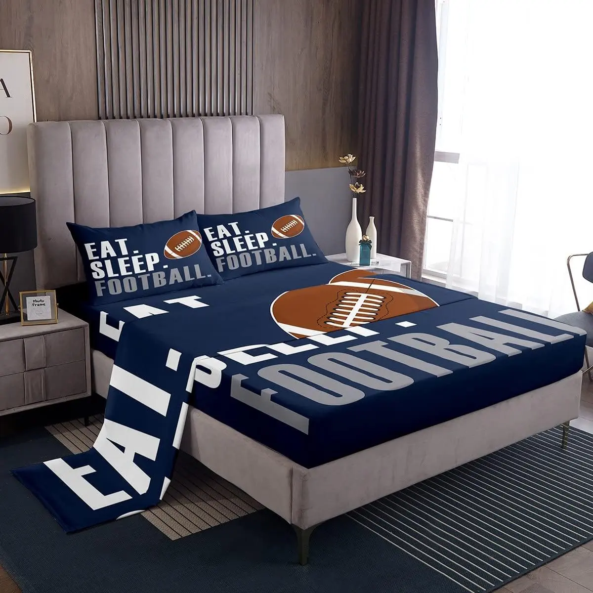 Feelyou Sports Motif Luxury Bedding Set - Blue Football Rugby Decorative Bedsheet Set with Deep Pocket Fitted Sheet, Multi-Size, Includes Pieces for Ball Game Rooms, Bedroom Textiles & Soft Furnishings