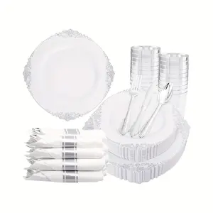 350PCS Complete Party Essentials Kit - Durable Plastic Dinerware Set with 100 Silver Disposable Plates, 150 Silver Silverware, 50 Cups, and 50 Pre-Rolled Napkins for Wedding, Birthday, Mothers Day, and Other Celebrations