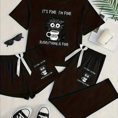 Cute Cat Three-Piece Home Loungewear Pajama Set, Cartoon Pattern, Loose-Fitting Casual Wear, All-Seasons Comfortable, Ideal for Daily Use, Casual Everyday Loungewear