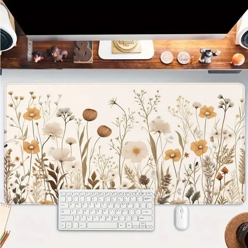 1pc Neutral Beige Wildflower Large Gaming Mouse Pad, Minimalist Boho Botanical Extended Desk Mat, Non-Slip Stitched Edge Computer Mat, Rubber Base Keyboard Pad for Home Office & Gamer, Durable Spill-Resistant Ideal Gift