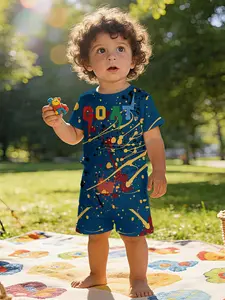 Baby Graffiti Print T-Shirt Set, Casual Fitted Short Sleeve, 100% Polyester, Perfect Gift for Infants, Daily & Outdoor Wear