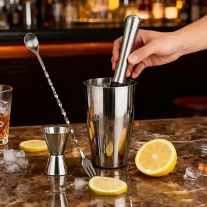 3PCS Home Bar Tool Set Stainless Steel Bar Muddler Tool with Sturdy Head Versatile Cocktail Spoon and Jigger Fruit Smasher Home Bar Bartender Accessories for Drinks Mixing Mojitos Fruit Drinks