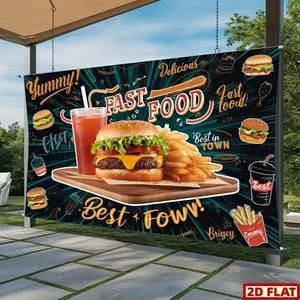 1PC,2D Flat Fast Food Theme Party Decoration Backdrop, Hamburger & Fries Gourmet Photography Background, Birthday Party Event Scene Decoration Curtain, Outdoor Picnic Festival Decor Prop Tapestry