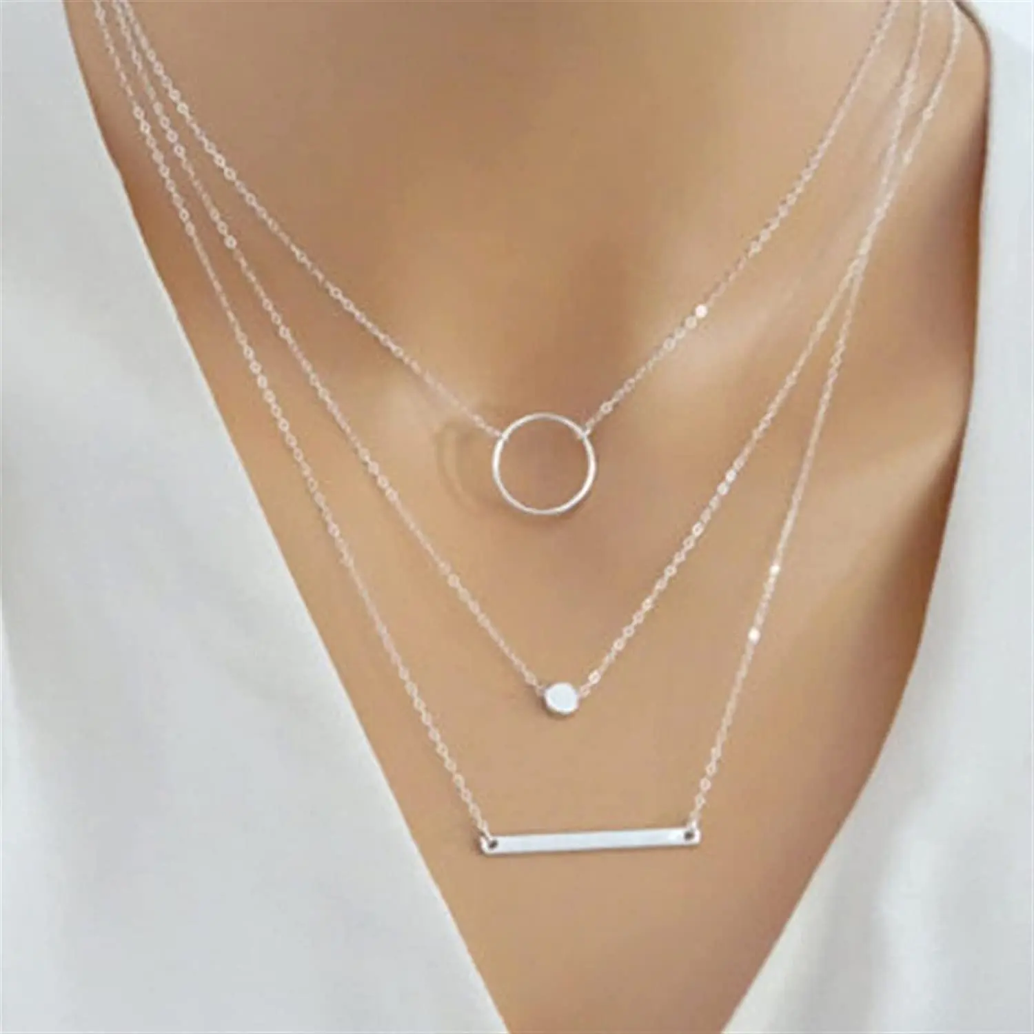 3 Piece Layered Medallion, Long Bar, Hoop Choker Necklace - Geometric