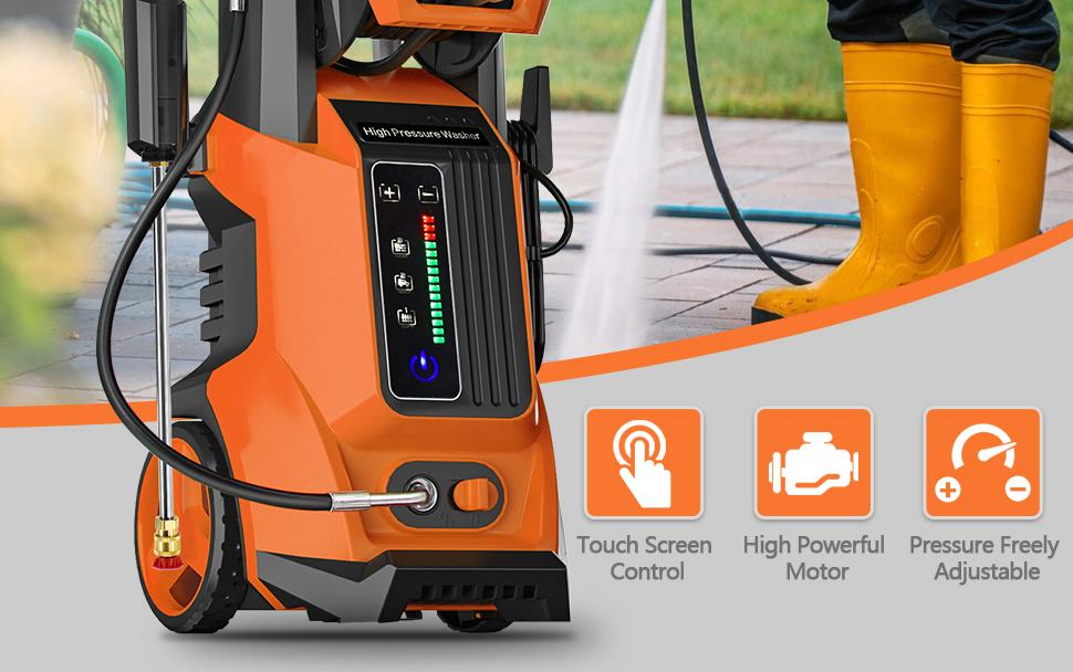 Electric Pressure Washer 4500PSI MAX 4.0GPM, 15 Level Adjustable Touch Screen, Dirt, Grime Removal, Flexible Cleaning, with 4 Spray Nozzle, 500ML Soap Tank, Stainless Steel Lance, Total Stop System for Car Wash, Home, Patio, Outdoor Cleaning