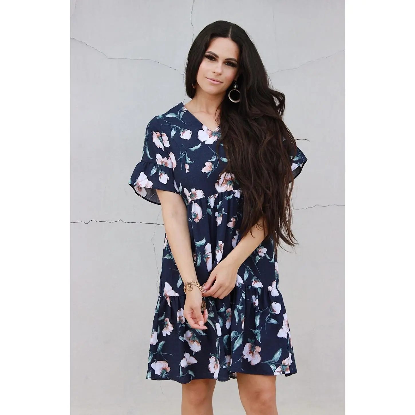 Floral Nursing Dress With Pockets -Bell Sleeve- Navy Floral