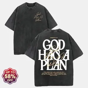 Retro T-Shirt Double Sided Printed 'GOD HAS A PLAN' Letter Print Casual Fashionable Street Style Festive Tops Made In USA For Women For Men [CoreVarsity.us 180G/230G 100% cotton short-sleeve/hoodie, soft and comfortable]