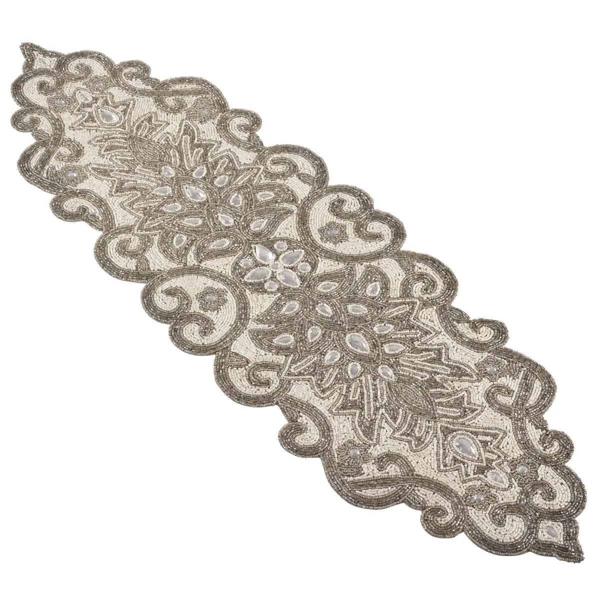 SARO 1049.S1238 Silver Beaded Jeweled Scroll Motif Elegant Glam Jute Fiber Kitchen Linen Table Runner - 12in x 38in, Machine Washable, Wipe with Dry Cloth, for Table Setting, 12" X 38"