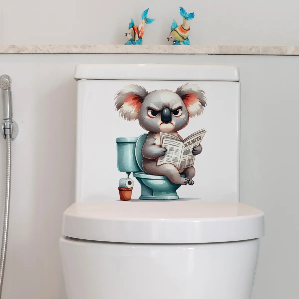A 30*30cm self-adhesive sticker (M10351) featuring a koala reading a newspaper, designed for decorating, beautifying, and covering flaws in bathrooms, toilets, and can be attached to toilet paper holders, Bathroom Accessories