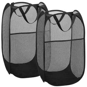 LMMAKE Handy Laundry Hamper Space-Saving Mesh Pop-Up Basket with Wide Opening & Side Pocket for Clothes Storage Black Foldable Design for Travel & Storage