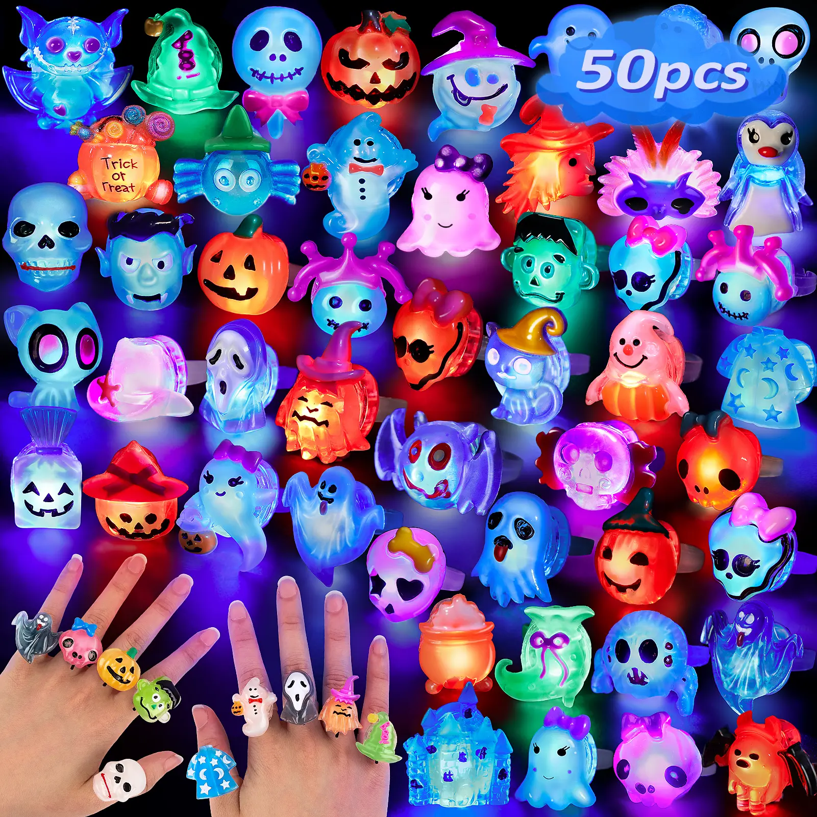 NPET 50pcs Plastic Unisex Halloween LED Light-Up Flashing Rings - All Seasons Adult & Kids Party Favors, Costume Accessories, Goodie Bags Fillers, Safe Trick-or-Treat Gifts