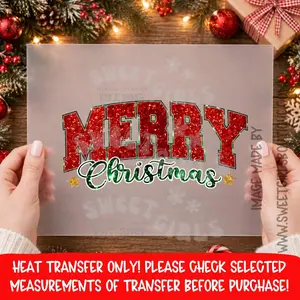 MERRY CHRISTMAS GLITTER HEAT TRANSFER RED GREEN CHRISTMAS DTF PRINT HOLIDAY NOT A SHIRT