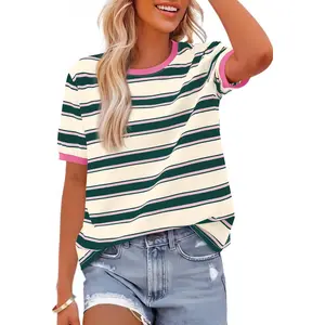 Summer Tops for Women 2026 Crewneck Short Sleeve Striped T Shirts Casual Spring Clothes Color Block Basic Tee Blouses new arrival fashion vacation beach outfit loose fit overall