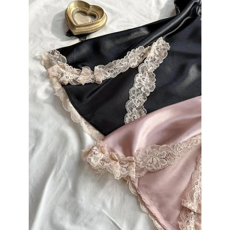 1 Pcs Sexy Silky Lace Trim Sleepwear - V Neck Backless Cross Strappy Split Hem Nightgown Dress, Comfortable 1 Pcs Sexy Silky Lace Trim Sleepwear - V Neck Backless Cross Strappy Split Hem Nightgown Dress, Comfortable