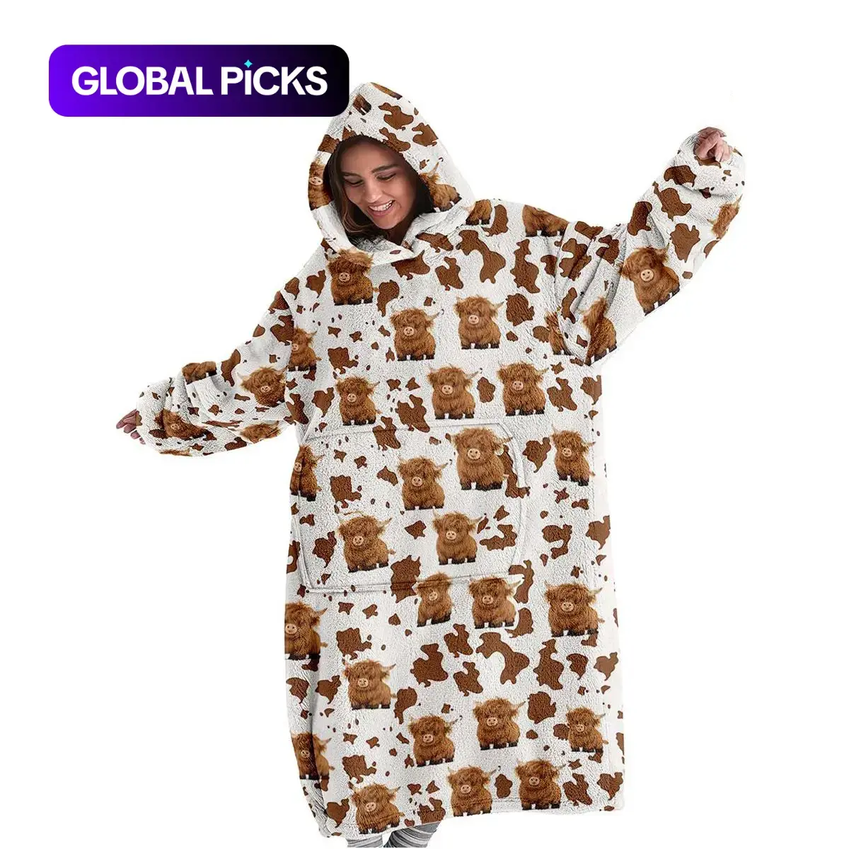 Highland Cow Print Hoodie Blanket, Cute Wearable Blanket Hoodie, Warm and Cozy Unisex Adult Hooded Sweatshirt, Soft Cozy Blanket, Perfect Holiday and Valentine’s Day Gift #GLOBAL PICKS