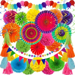 Decorations, 41 Pcs Multicoloured Papar Fans Pompoms Garlands String Tissue Paper Tassel for Mexican Theme Cinco De Mayo Coco Carnivals Festivals Birthday