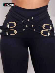 women's criss cross metal buckle decor high waist leggings, fashion casual comfy breathable skinny legging pants for daily wear, ladies bottoms, womenswear for all seasons, leggings for women, leggings for women, soft leggings