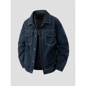 Men's Solid Color Baseball Collar Sports Jacket, Casual Comfy Regular Fit Long Sleeve Button Front Outerwear for Daily Outdoor Wear, Menswear for All Seasons, Coats Tops Beige Plain Navy Blue