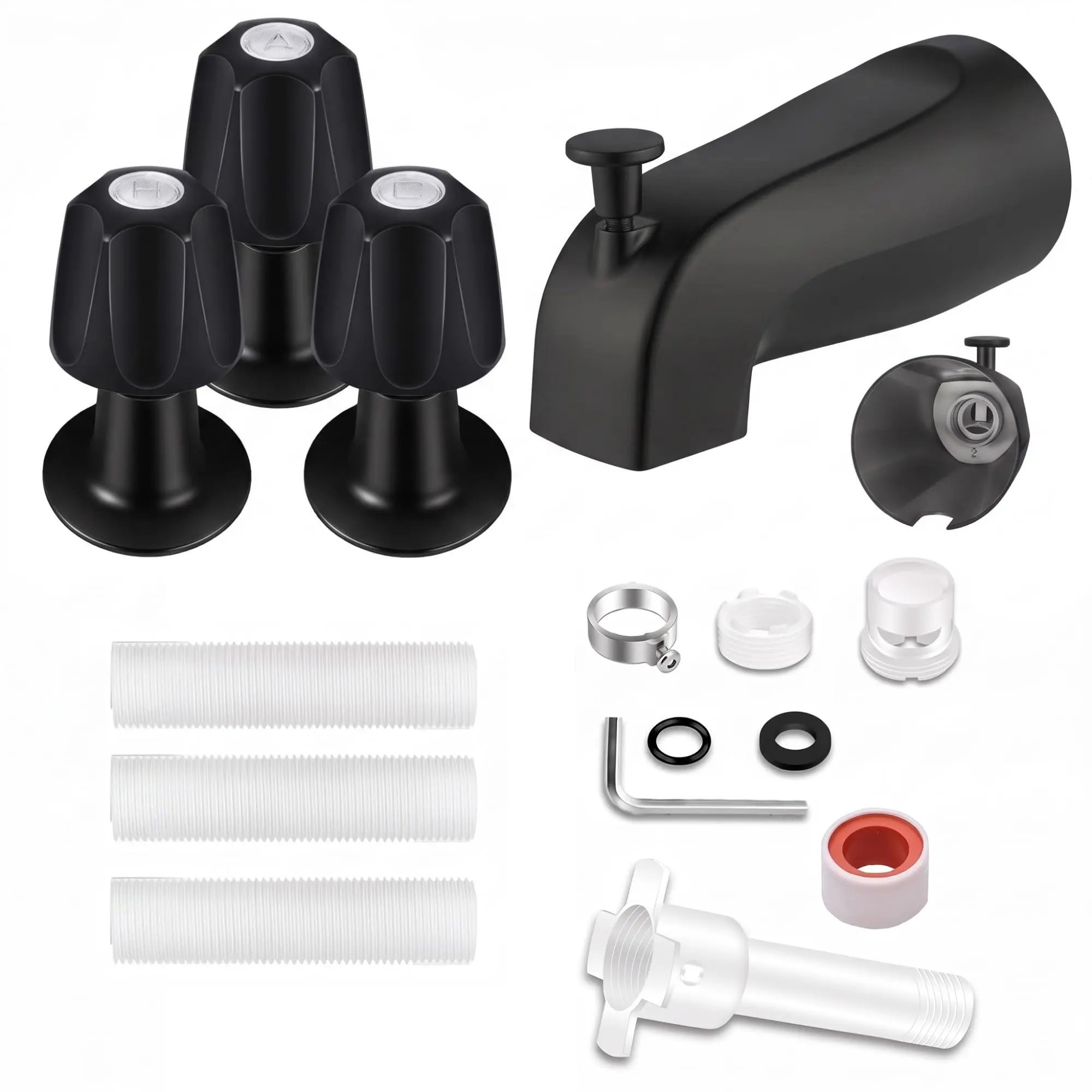 Garvee Matte Black Bathtub Spout & Shower Knob Replacement Kit Set, 3 Control Knobs & Base Zinc Alloy Pull-Up Diverter Tub Spout Fix for Bathroom