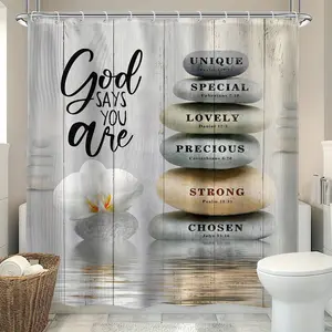 1PC Zen Bible Verse Shower Curtain, Scripture Spa Stone Massage Meditation Relaxation Asian Lotus Art Waterproof Shower Curtain With 12 Hooks, Shower Decoration Bathroom Decor
