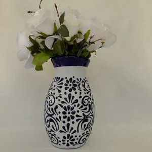 Cobalt 9 1/2" Boliche Vase with Elegant Blue and White Floral Design for Home Decor (Flowers not included)