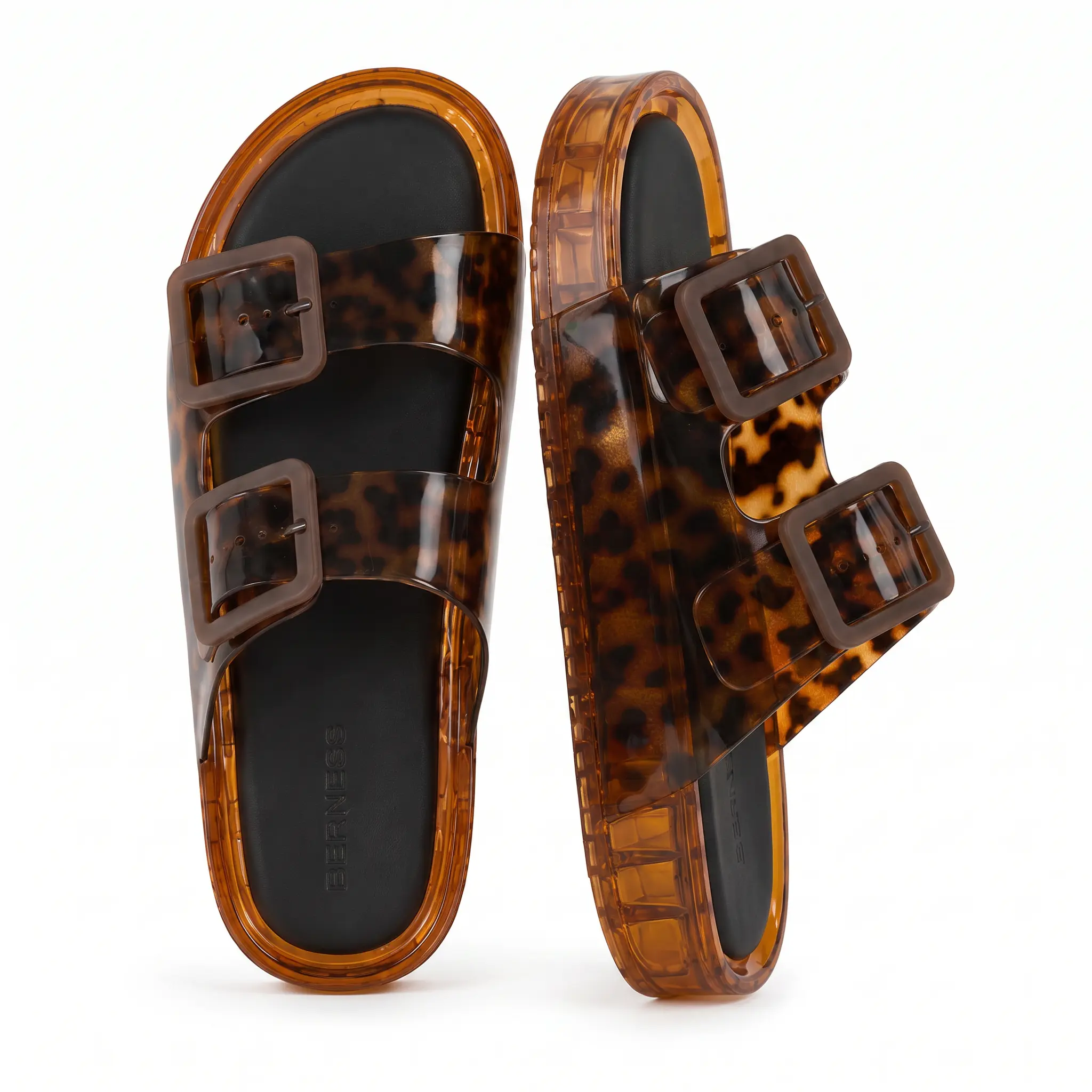 BERNESS Denise Women's Summer Jelly Slide Sandals, Transparent Double Buckle Pool Beach Slides for Vacation and Casual Wear