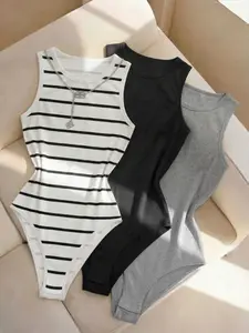 3-Pack Striped & Solid Sleeveless Bodysuit, Round Neck Form-Fitting Tank Top Style Bodysuit for Women, Womenswear, Minimalist Casual Aesthetic, Soft Stretchy Fabric, Versatile Layering Piece for Everyday & Street Style, Basic Wardrobe Staple