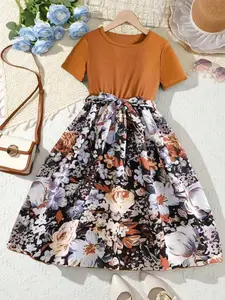 Sweet Girls Splicing Flower Print Short Sleeve Fitted Silhouette Dress, Casual Floral Pattern Flower Theme Dresses For Summer Gift
