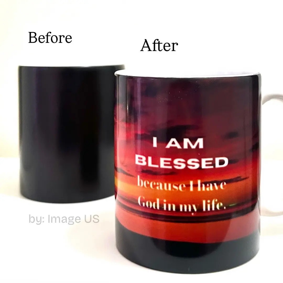 Image US Blessed Heat Color Changing Mug 11 oz Ceramic - I AM BLESSED Design Before & After Transformation