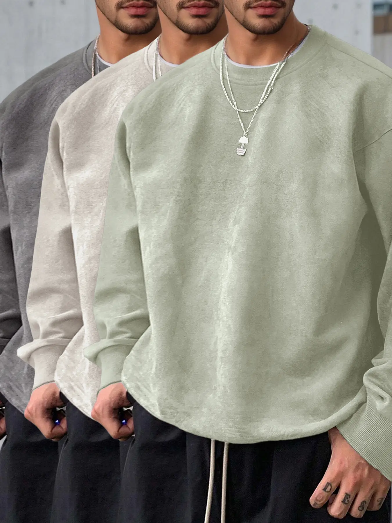 Mint green + apricot + dark gray.