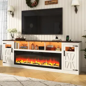 【2Packages Shipping】Fireplace TV Stand for 100 Inch TV, 95" Farmhouse Entertainment Center with 60" Electric Fireplace & LED Lights, Large Media Console for Living Room, Rustic Barn Doors, Power Outlets