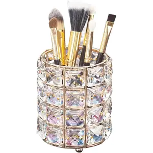 Makeup Brush Holder Organizer Crystal Vanity Decor Bling Personalized Comb Brushes Pen Storage Box Container (Gold 1 Pack)