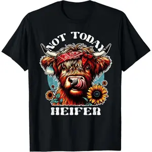 100% Cotton Not Today Heifer Retro Highland Cow Bandana Sunflowers T-Shirt