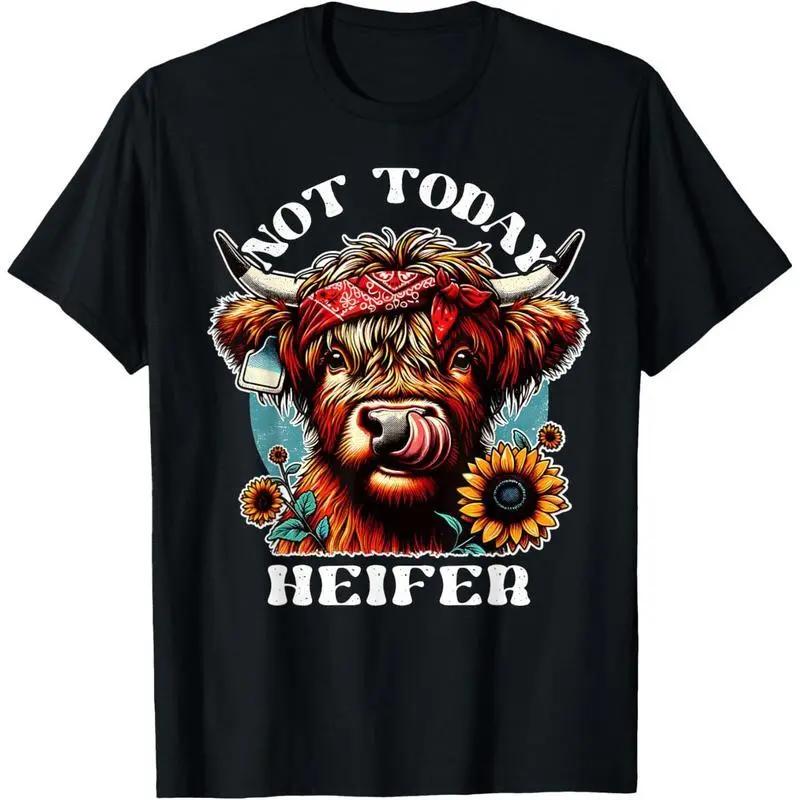 Women's 100% Cotton Baggy Short-Sleeve T-Shirt - Retro Highland Cow Graphic, "Not Today Heifer" Slogan, Sunflowers Print, Athletic Casual Vintage Streetwear Everyday Top, Shortsleeve, Tshirt, Street Chic