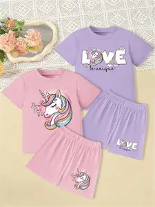 4 Pieces, Girls' Stylish Crew Neck Short-Sleeve T-Shirt & Shorts Set with Magical Unicorn Pattern Prints, Perfect for Summer Sweet Casual Daily Wear Outfits