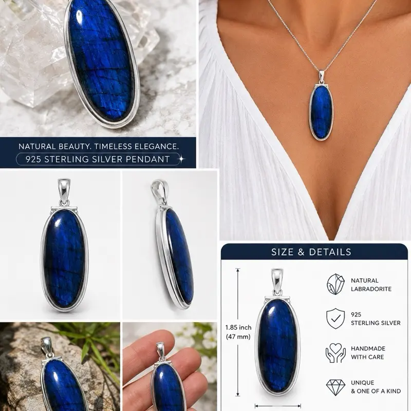 Blue Labradorite Pendant – 925 Sterling Silver Gemstone Necklace – Oval Flash Labradorite Crystal