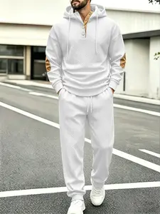 2-piece jacquard texture casual set, men's loose half button hooded long sleeved top, sports cropped pants, comfortable and soft, suitable for outdoor sports, running, outdoor travel, and outdoor training wear