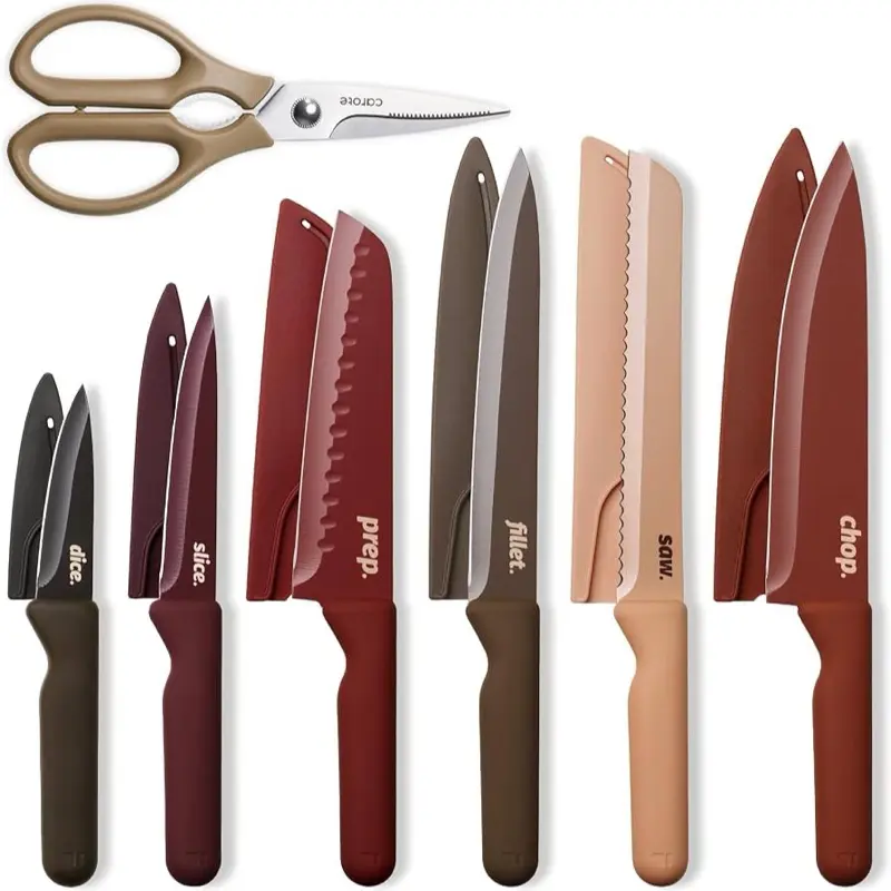 CAROTE Knife Set with Letter, Knives with Kitchen Shears, 13-Piece 6 Stainless Steel Knives, Nonstick Ceramic Surface & Blade Guards, Dishwasher Safe, Ergonomic Handles, Daily use