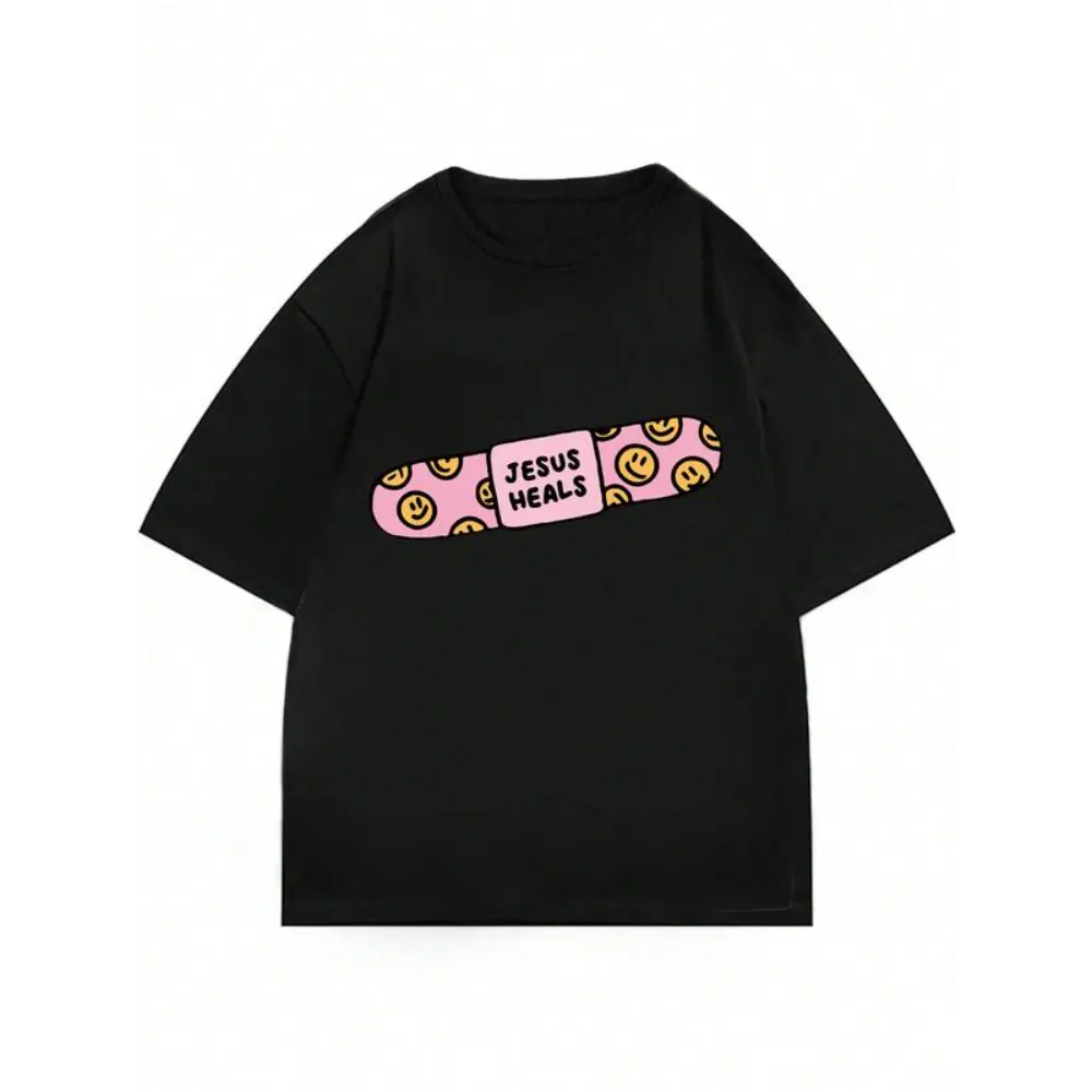 Women's Christian Short-Sleeve Round Neck Oversized Casual Black Top, Jesus Heals Bandage Smiley Print Graphic, Christian Streetwear Clothing