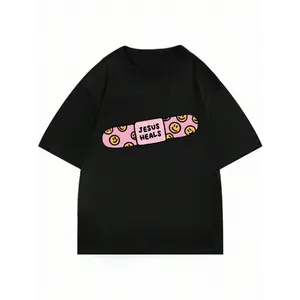 Jesus Heals Bandage Smiley Print Graphic T-Shirt Casual Oversized Black Short Sleeve Crew Neck Christian Streetwear Tee