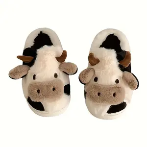 Cozy Cow-Patterned Fashion Slippers for Women Warm Versatile Home & Outdoor Casual Walking Footwear Girl Shoe with Non-Slip Sole and Playful Design