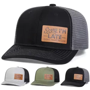 Unisex SORRY I'M LATE Brown Leather Patch Baseball Mesh Cap Hat Micro Curved Cap Outdoor Adjustable Sunscreen Leisure Hat Spring Autumn Travel Tourism Beach Vacation