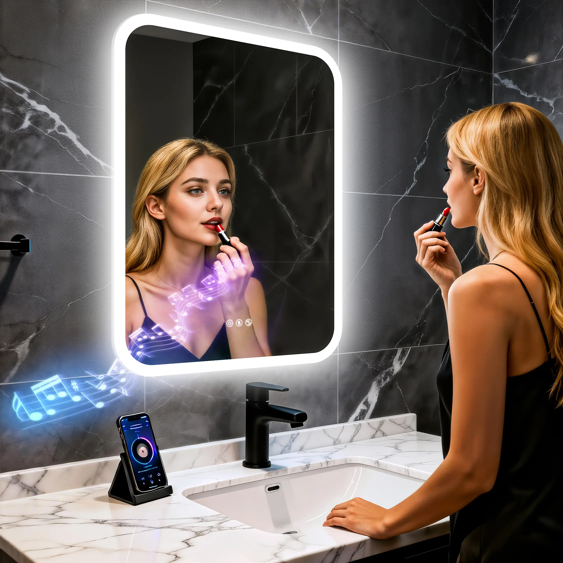 LED Mirror with Bluetooth Speaker Lighted Bathroom Vanity Mirror Wall-Mounted Mirror with Bluetooth, Rounded Corners, Plug-in/Hardwired